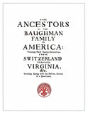 Book cover with text about Baughman family ancestors tracing back to Switzerland through Virginia
