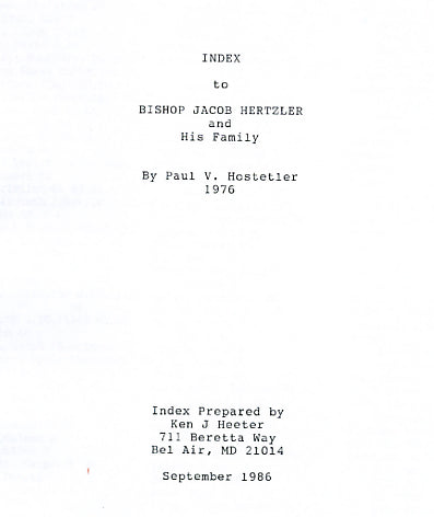 Index to "Bishop Jacob Hertzler and His Family" PDF